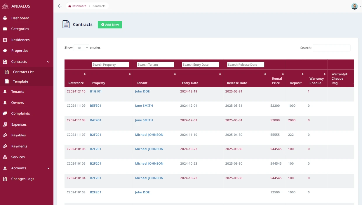 Property listing management interface of Andalus Property Management platform